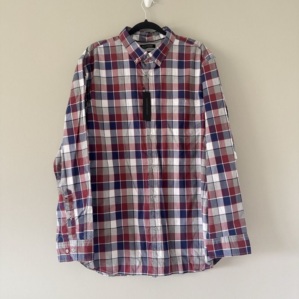 NWT‎ Banana Republic XXL Red Blue Plaid Custom 078 Long Sleeve Button Down Shirt
